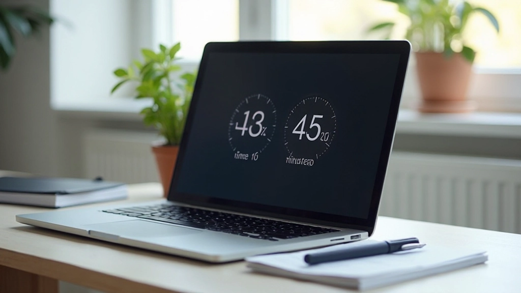 Digitale timer op scherm toont 45 minuten, met notities en planning materiaal