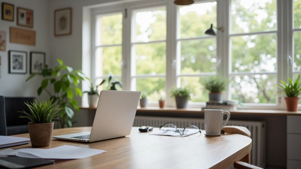 Modern werkruimte met laptop, aantekeningen en organisatiehulpmiddelen in natuurlijk licht