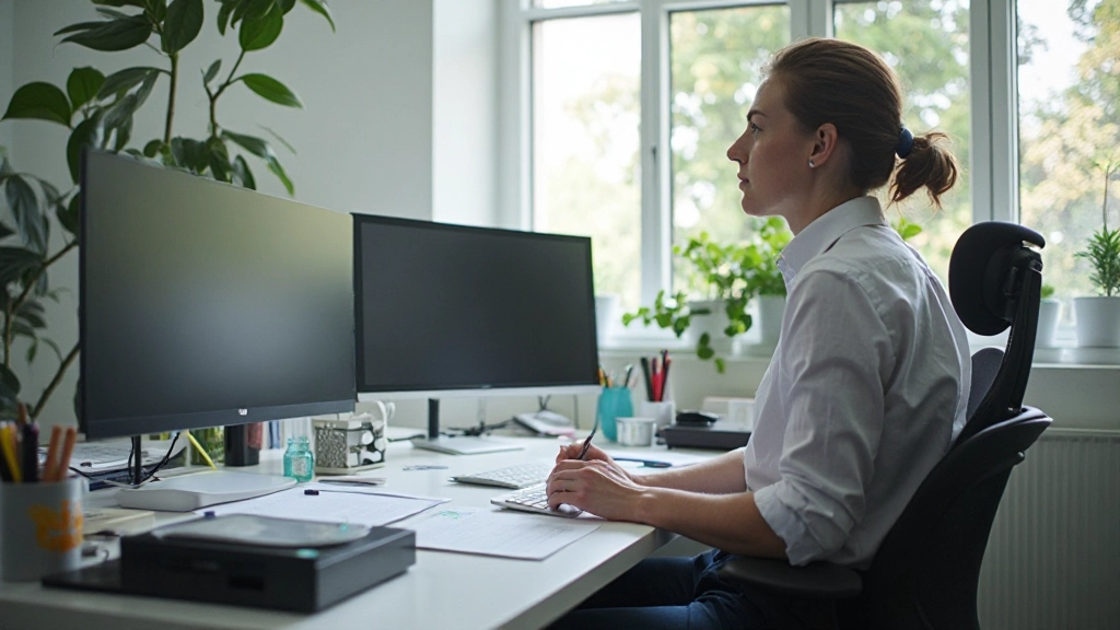 Werkplek met meerdere schermen en organisatiehulpmiddelen, schoon en gestructureerd