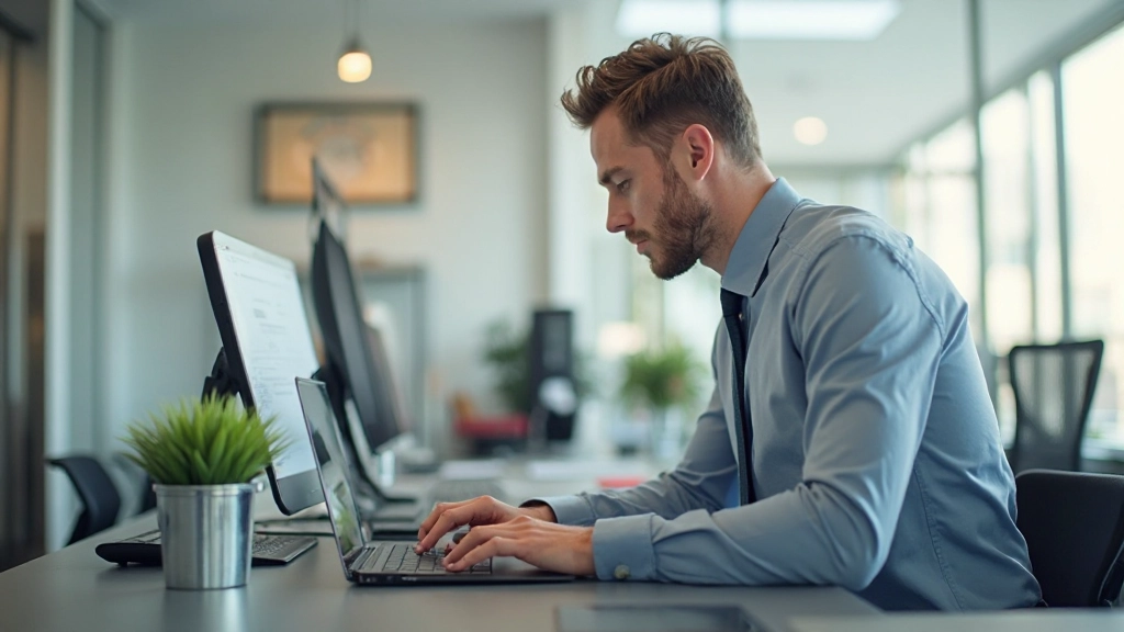 Persoon zit aan bureau en werkt gefocust op laptop, moderne werkplek
