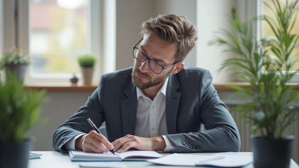 Persoon aan bureau die aantekeningen maakt, gericht op werk, in een rustige omgeving