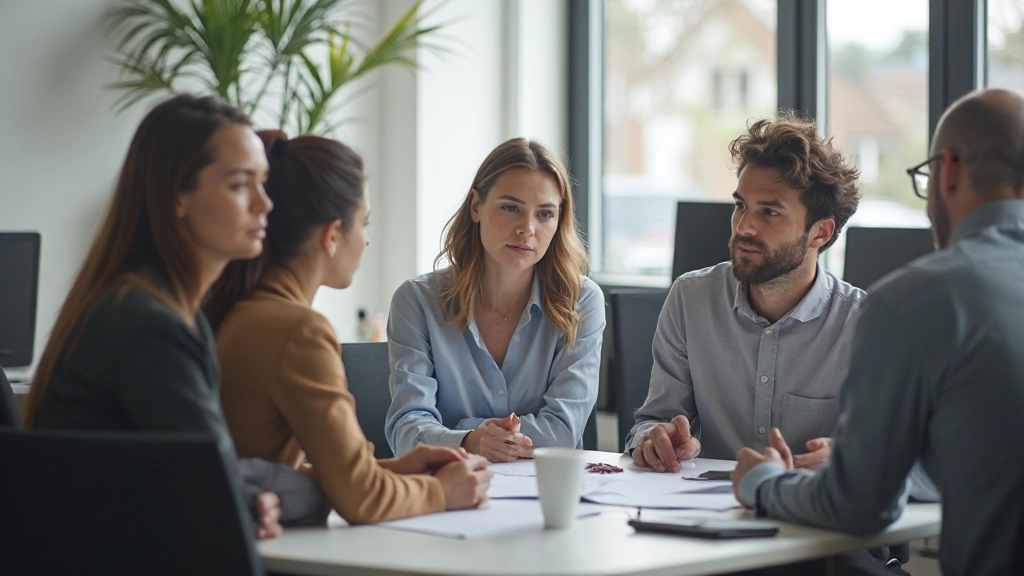 Team in vergadering, communicerend en samenwerking, productief moment