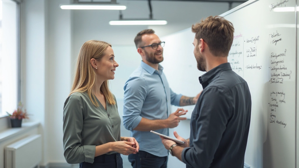 Team brainstorm sessie, mensen die samenwerken aan whiteboard, gezamenlijke planning en ideeënuitwisseling