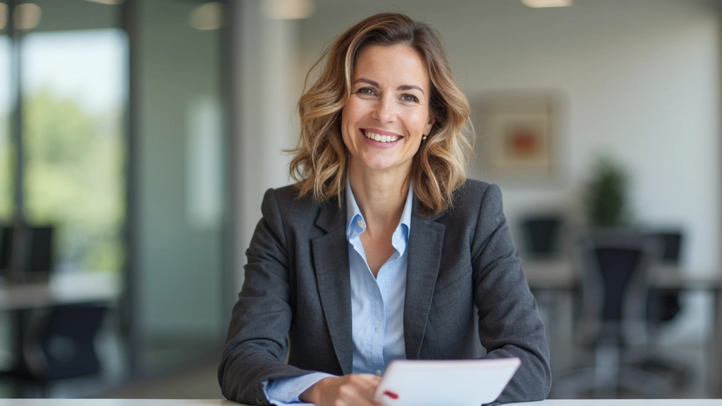 Vrouw kijkt tevreden naar haar gefinaliseerde werkdag, rust aan bureau