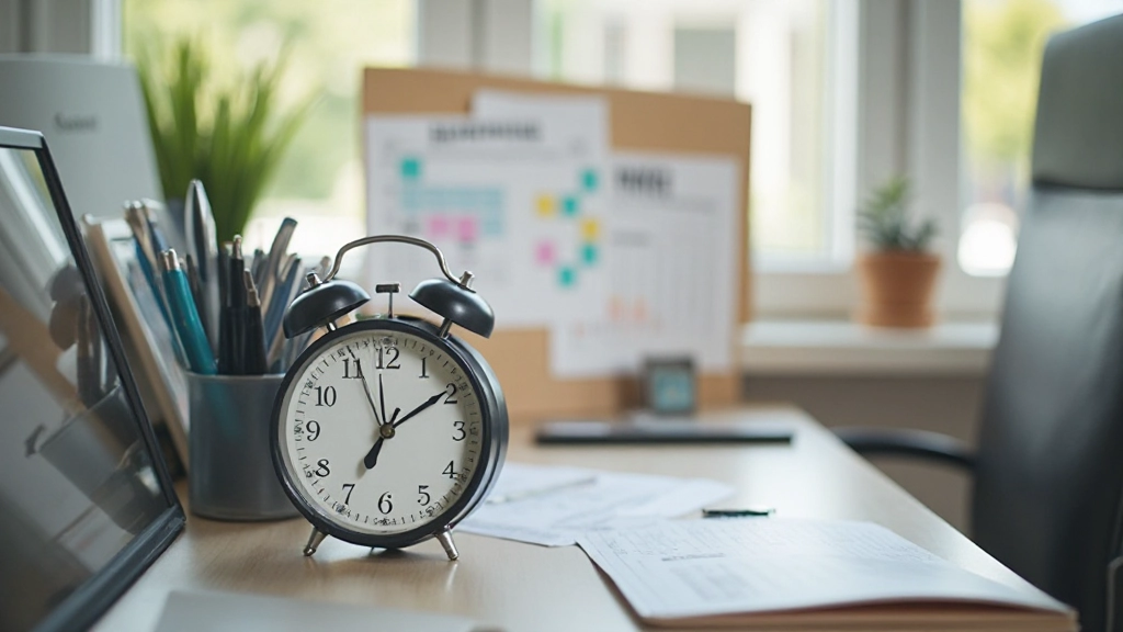 Werkruimte met klok, planning en organisatiemateriaal op houten bureau